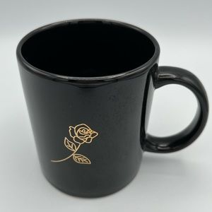 Vintage Black Coffee Mug W/ Metallic Gold Rose Line Drawing Simple Cup